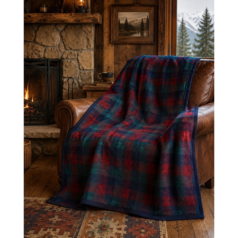 Biederlack Throw Blanket Red Blue Green Plaid Acrylic Fleece Made in USA 56x78